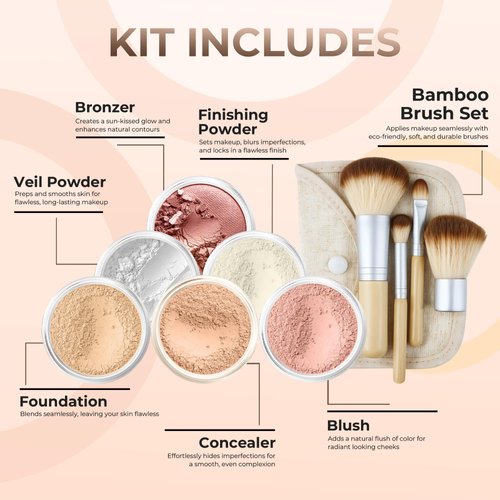 EVERYDAY KIT (WARM Shade-Most Neutral) Full Size Mineral Makeup Set Matte Foundation Bare Face Sheer Powder Cover