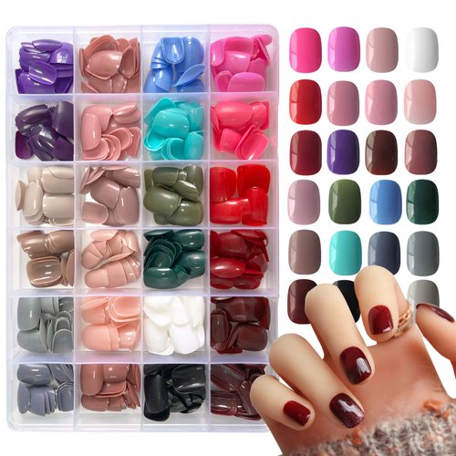 AddFavor 576pcs Short Press on Nails 24 Color Glossy Fake Nails Full Cover Solid Color Acrylic Artificial False Nail Tips for Women Girls Nail Art Manicure