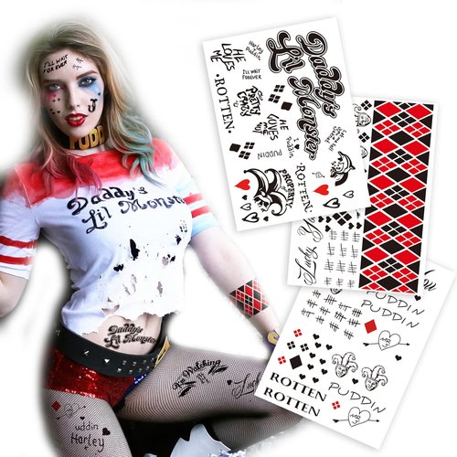 3 Sheets Cosplay Clown Girl HARLI QUYNN Temporary Tattoos – Halloween Fake Tattoos for Men, Women, and Kids – Perfect for Clown Girl Costume, Halloween, and Parties