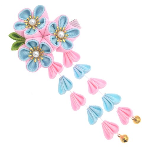 Women Girl Kimono Traditional Tsumami Kanzashi Hair Clip Japanese Asian Wedding Hair Tie Flower Hairpin Accessories Headwear (Blue)