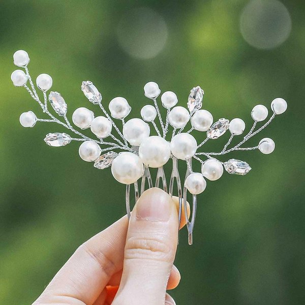 Yean Pearl Bride Wedding Hair Comb Silver Crystal Bridal Hair Accessories Rhinestone Hair Piece for Women and Girls