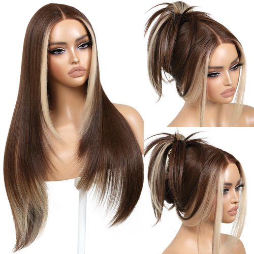 ENCOUNTERU Glueless Wig Wear and Go Brown Wig with Highlight Bangs Synthetic Lace Front Wigs for Women Pre Cut Lace Pre Plucked Peekaboo Layered Wig Ready to Wear Middle Part 26 Inch