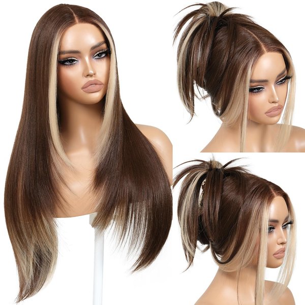 ENCOUNTERU Glueless Wig Wear and Go Brown Wig with Highlight Bangs Synthetic Lace Front Wigs for Women Pre Cut Lace Pre Plucked Peekaboo Layered Wig Ready to Wear Middle Part 26 Inch