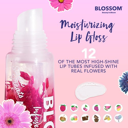 Blossom Moisturizing Tinted Lip Gloss Tubes, Strawberry Scented, Infused with Real Flowers, 0.4 fl. oz/10ml, Let Love Shine Rainbow