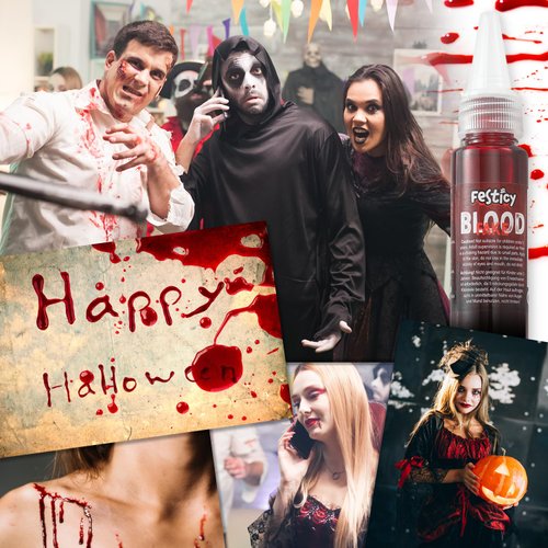 Festicy Premium Fake Blood 0.88oz I Realistic Halloween Blood Makeup I Vampire Blood for Costumes I Washable Fake Blood Makeup for Halloween & Carnival I Ideal for Zombie Makeup, Vampire Makeup Kit