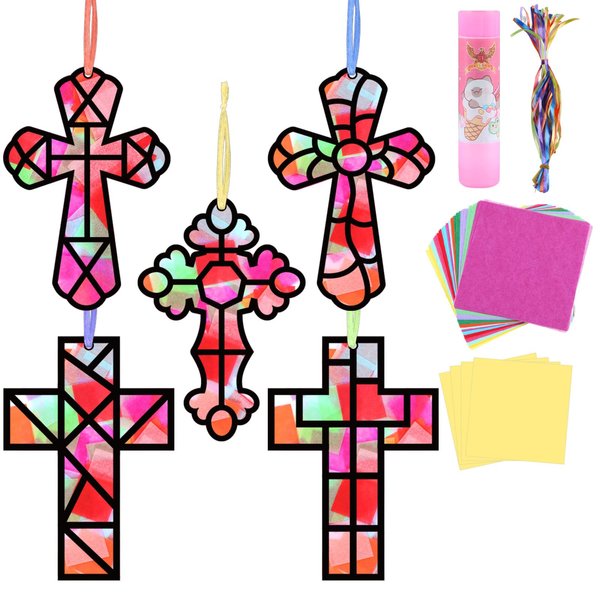 Qyeahkj 36PCS Religious Cross Suncatchers Kits Paper Craft Set Cross DIY Christian Stained Glass Effect Paper for Sunday School Art Christmas Decor Crafts Creative Art Projects Kids Party Favors Gift