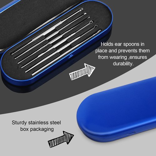 CYSNATU Ear Wax Removal Kit, Ear Cleaner, Ear Pick, Ear Cleaning Tool Set Stainless Steel 6 in 1 Ear Spoon Curette (with Cleaning Brush and Storage Box, Silver)