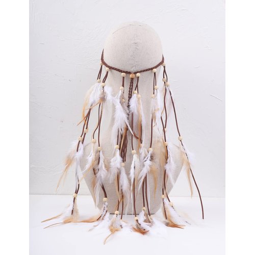 Jumwrit Bohemian Feather Headband Indian Gypsy Headpiece with White and Brown Feather Tassel Adjustable Braided Rope Beaded Hairband Hippie Accessories for Women and Girls
