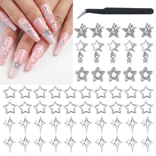 56PCS Star Nail Charms for Acrylic Nails, 5 Styles 3D Silver Stars Alloy Nail Rhinestones, Crystal Pentagram Nail Gems, Nail Jewels for Nail Art Supplies Manicure Craft DIY, with tweezers