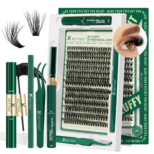 Lash Extension Kit 3D Effect KEYYOU Lash Clusters Kit 280pcs D Curl 9-18MIX Eyelash Extension Kit with Lash Bond and Seal,Tweezers,Remover and Brush for Fluffy（3D-40D-D-9-18MIX）