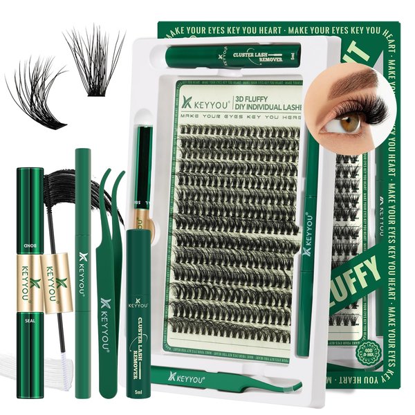 Lash Extension Kit 3D Effect KEYYOU Lash Clusters Kit 280pcs D Curl 9-18MIX Eyelash Extension Kit with Lash Bond and Seal,Tweezers,Remover and Brush for Fluffy（3D-40D-D-9-18MIX）