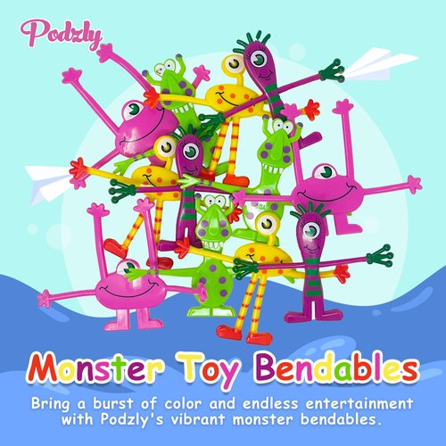Podzly 12 Monster Toy Bendables - Halloween Party Favors - Fidget Toys - Classroom Rewards - Kids Birthday Party Game Prizes - Halloween Trick or Treat Handouts - Bendable Twistable - Colorful