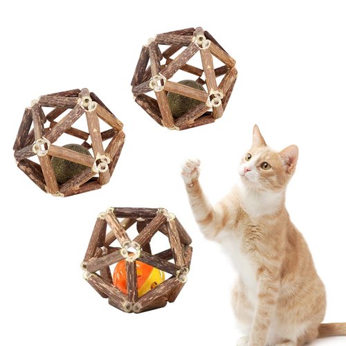 CKFPS Catnip Toys Natural Silvervine Stick Catnip Ball&Bell Ball-Cat Toys for Indoor Cats- Cleaning Teeth Molar Tools Matatabi Cat Chew Toy-Kitten Toys (3Pcs)
