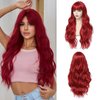 Angzon Red Wig With Bangs Long Curly Wavy Red Wigs for Women 26 Inches Natural Looking Heat Resistant Fiber Wig for Daily Party Use