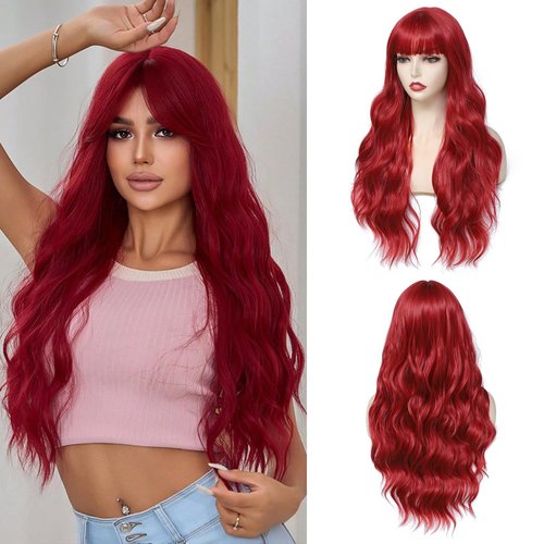 Angzon Red Wig With Bangs Long Curly Wavy Red Wigs for Women 26 Inches Natural Looking Heat Resistant Fiber Wig for Daily Party Use