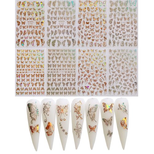 NAIL ANGEL 8Sheets Nail Art Adhesive Sticker Sheets Different Laser Gold and Silver Color Butterfly Shapes Nail Art Decoration 10238
