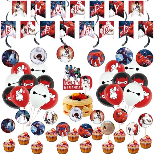 Bay-max Birthday Party Decorations,Cartoon Big Hero Themed Party Supplies Birthday Decorations for Boys Girls with Happy Birthday Banner,Cake Topper,Cupcake Toppers,Balloons,Swirls Decorations
