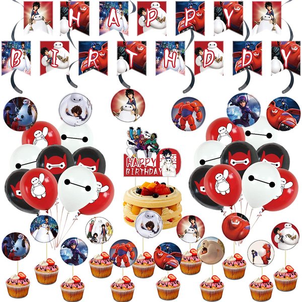 Bay-max Birthday Party Decorations,Cartoon Big Hero Themed Party Supplies Birthday Decorations for Boys Girls with Happy Birthday Banner,Cake Topper,Cupcake Toppers,Balloons,Swirls Decorations