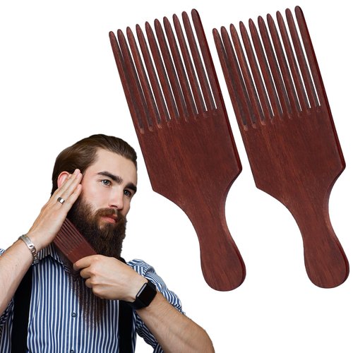 2PCS Beard Comb for Men, Wood Hair Pick Comb Beard Pick Long Tooth Hair Picks Anti Static Curling Roll Comb Smooth Afro Pick Detangling Comb for Natural Curly Hair Afro Hair Styles