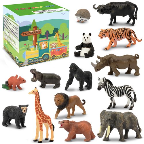 Toymany 14PCS 1-2" Tiny Jungle Animal Figures Toy, Realistic Mini Jungle Zoo Animal Figurines Cake Topper Toy Set, Easter Egg Christmas Birthday Gift Party Favor School Project for Kids Toddlers