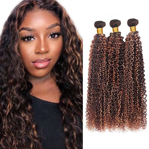 Curly Wave Highlight Human Hair Bundles P4/30 Brown Bundle Brazilian Remy Human Hair Grade 8A Human Hair Extensions Double Weft Curly Wave Hair 3 Bundles Piano Color For Women 10 12 14 Inch