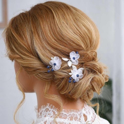 Heread Flower Bride Wedding Hair Pins Silver Leaf Bridal Hair Accessories Blue Pearl Hair Pieces for Women and Girls (Pack of 3)