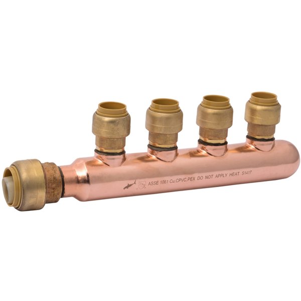 SharkBite 3/4 Inch x 1/2 Inch Outlet 4 Port Closed Multi-Port Tee, Push to Connect Brass Plumbing Fittings, PEX Pipe, Copper, PVC, 25555LF