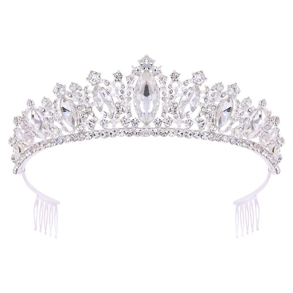 Oriamour Rhineshtone Wedding Tiara for Bride & Flower Girls - Princess Tiara Headband Bridal Queen Crown With Combs For Women And Girls (Silver)