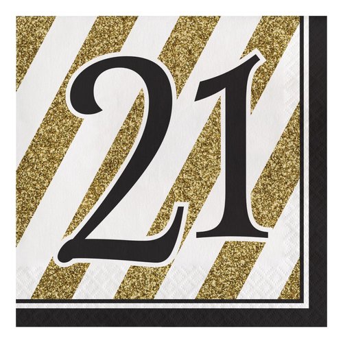 Creative Converting Black and Gold 21" Paper Luncheon Napkins, 6 1/2 In, 21st Birthday