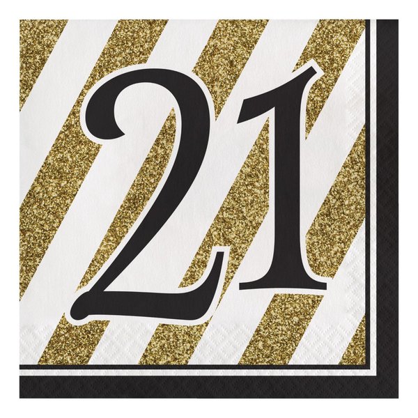 Creative Converting Black and Gold 21" Paper Luncheon Napkins, 6 1/2 In, 21st Birthday