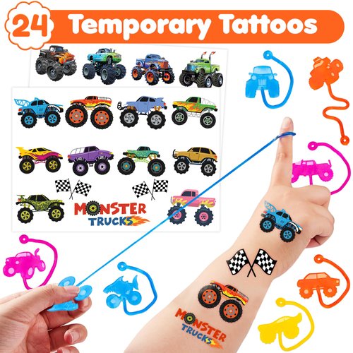 36PCS Monster Truck Party Favors - 24PCS Temporary Tattoos 12PCS Sticky Hands Perfect Birthday Supplies for Kids Stretchy Fidget Goodie Bag Stuffers Treasure Box Toys Classroom Prizes Student Gifts