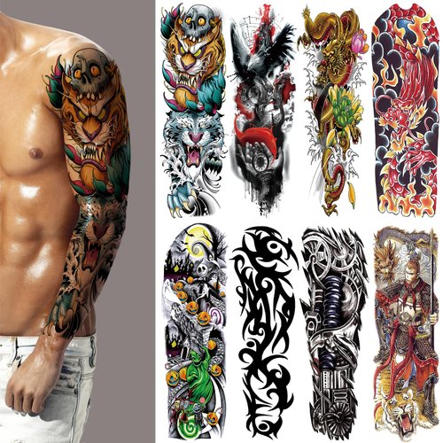 Halloween Full Arm Temporary Tattoo for Men, 8 Sheets Sleeve Tattoos Temporary, Fake Tattoos That Look Real, Tiger, Gragon