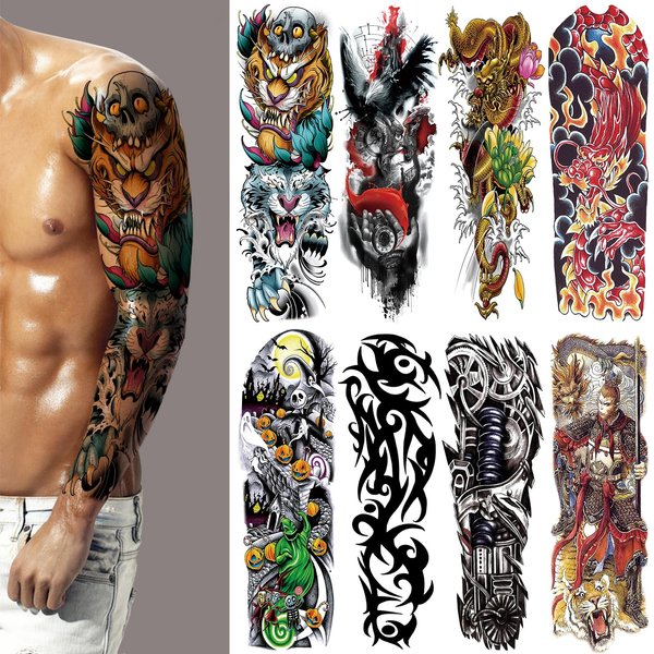 Halloween Full Arm Temporary Tattoo for Men, 8 Sheets Sleeve Tattoos Temporary, Fake Tattoos That Look Real, Tiger, Gragon