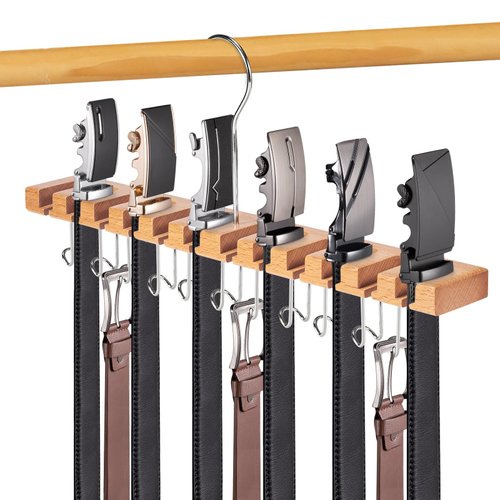 Cuipingoo Belt Hanger for Closet | 2-in-1 Wall Mount Belt Rack | 23 Slots Storage Max 42 Belts w/ 360° Hook | Ratchet Belt Organizer for Closet Accessories, Wardrobe, Door, Wood 1 Pack