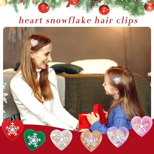 KesaPlan Christmas Heart Hair Clips, 6PCS Heart Snowflake No Bend Hair Clips, X-mas Heart Creaseless Hair Clips, Flat Duckbill Hair Barrettes for Women Girls Teens Makeup Hairstyle