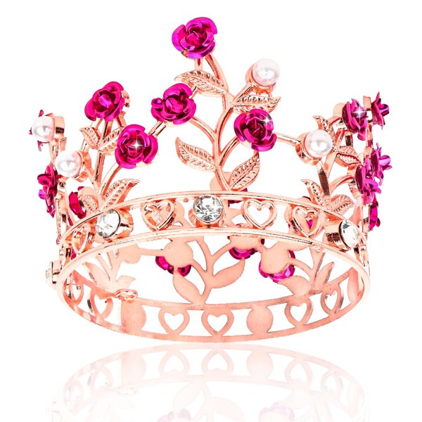 YARIEW Small Rose Crown for Women Flower Bouquets Accessories Rhinestones Wedding Cake Topper Birthday Crown for Women Cake Decorations Bridal Costume Cosplay Hair Accessories Rose Gold