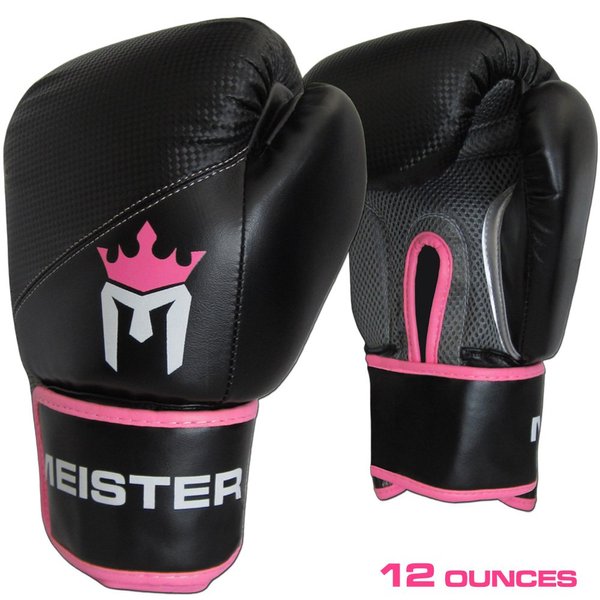 Meister Pro Boxing Gloves w/Wrist Support (Pair) - 12 Ounce, Women/Youth, Black/Pink