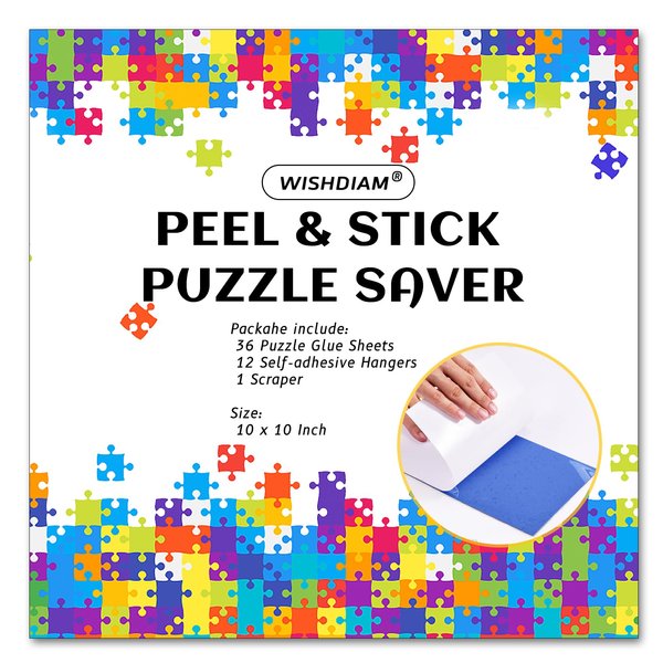 Puzzle Glue Sheets for 6 X 1000 Puzzles, 36 Puzzle Saver Sheets Peel & Stick, Puzzle Saver No Stress & No Mess, Clear Puzzle Sticker Sheets Preserve Your Puzzles with 12 Adhesive Hangers & 1 Scraper