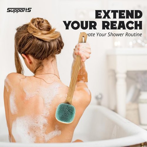 Silicone Back Scrubber for All Skin Types – Dual Sided Silicone Body Scrubber Brush For Full Body Deeply Cleanses, Exfoliates Skin Ergonomic Silicone Bath Back Scrubber for Use in Shower (Blue Bamboo)