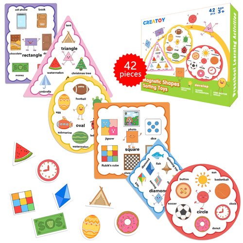 Creatoy Color Sorting Magnets for Fridge, Magnetic Shapes for Whiteboard, Toddler Fridge Magnets, Color Sorting Sensory Toys, Colors & Shapes Recognition Educational Toys Homeschool Must Haves