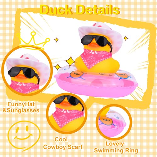 MuMyer Cowboy Car Rubber Duck Yellow Duck Dashboard Decoration Cool Duck Car Ornaments with Mini Cowboy Hat Scarf Sunglasses Swim Ring(Pink&White)