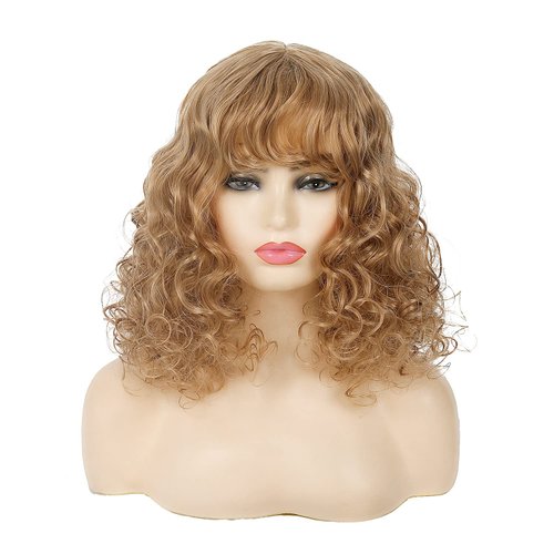 Beweig Short Afro Blonde Wigs for Women Shoulder Length Curly Wigs with Bangs Synthetic Kinky Curly Hair Wig Full Wigs,16 inches