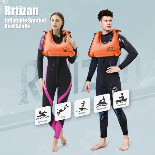 Rrtizan Snorkel Vest, Adults Portable Inflatable Swim Vest Jackets for Snorkeling Swimming Diving Safety(Orange)