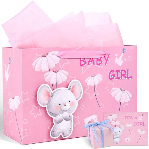 VGOODALL Baby Girl Gift Bag, 13" Gift Bags with Tissue Paper Ribbon Handle and Greeting Card for Girl Baby Shower Newborn 1st Birthday Gender Reveal Party Pink