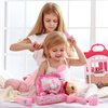 deAO 40 Piece Baby Doll Accessories Bag with Baby Feeding Accessories, Clothes, Doll Bear, Bath Toys, Soother Dummy and Much More - Great Nurturing Pretend Toy for Kids!