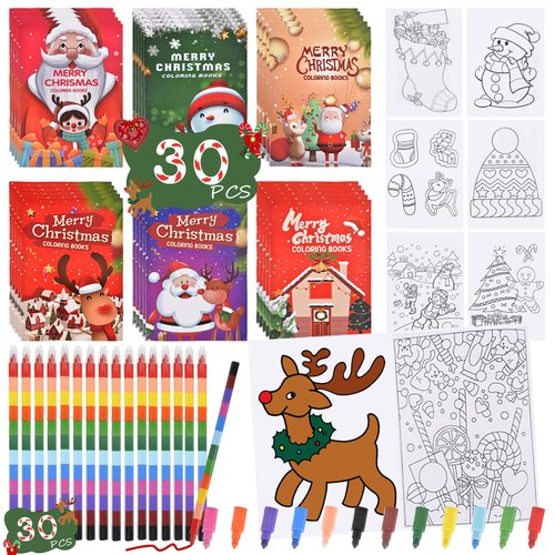 (30+30 Pcs) Christmas Coloring Book for Kids with Stacking Crayons, Merry Xmas Activity Supplies, Winter Festive Christmas Party Favors, Mini Toddlers Goodie Bag Stuffers Gift of Snowmen Santa Trees