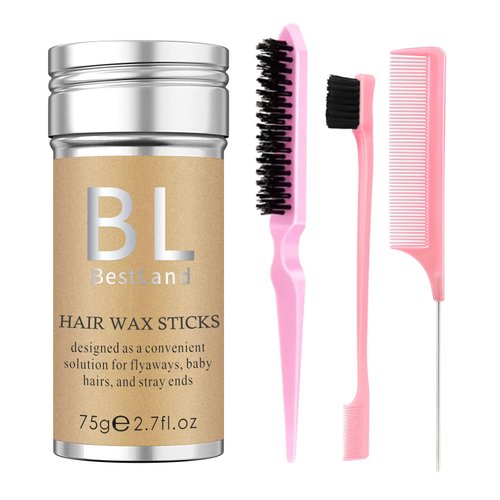 4Pcs Hair Wax Stick & Slick Back Hair Brush Versatile Hair Styling Set, Hair Wax Stick for Flyaways & Wigs Hair Tamer Styling, Edge Brush, Teasing Brush and Rat Tail Combs for Kid Women Girls (Pink)
