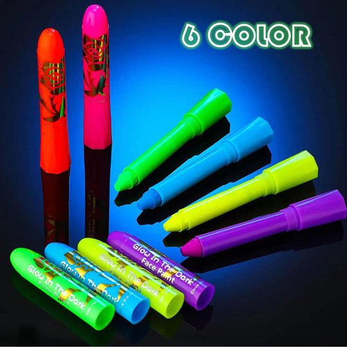6 Colors Glow Face Body Paint,UV Crayons Makeup Glow in The Black Light Body Paints for Kids Adult, Fluorescent Neon Face Painting Kit for Birthday Party Halloween Masquerade Makeup Outdoor