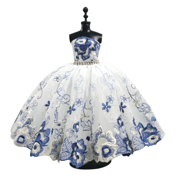 Fashion Ballet Tutu Dress for 11.5" Doll Clothes Outfits 1/6 Doll Accessories Rhinestone 3-Layer Skirt Ball Party Gown (White Blue Flower)