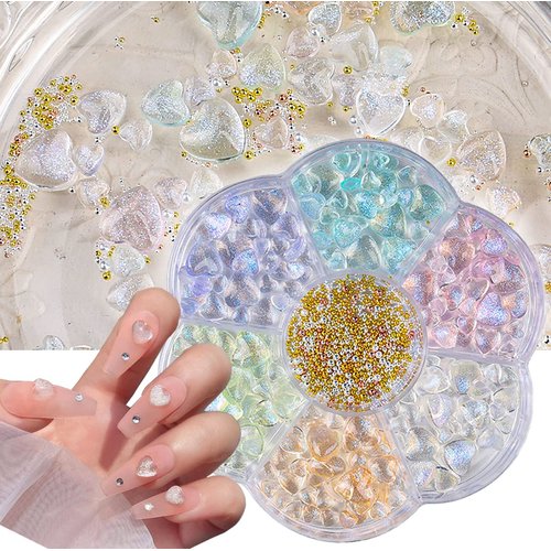 210 Pcs Clear Heart Nail Art Charms, 3D Mixed Size Love Hearts Rhinestones Flat Jelly Resin Crystal Jewelry Diamonds for Acrylic Nail Supplies, with Gold Caviar Beads Manicure Decoration Accessories